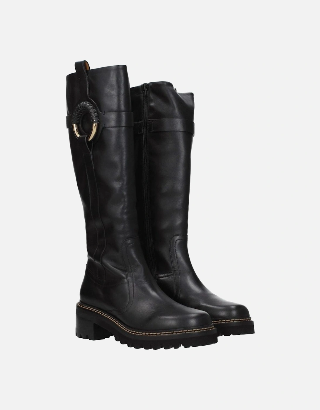 Mid Heel Leather Boots with Aged Effect Women - Black