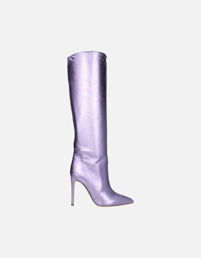 Metallic Effect High Heel Pointed Toe Leather Boots Women - Purple