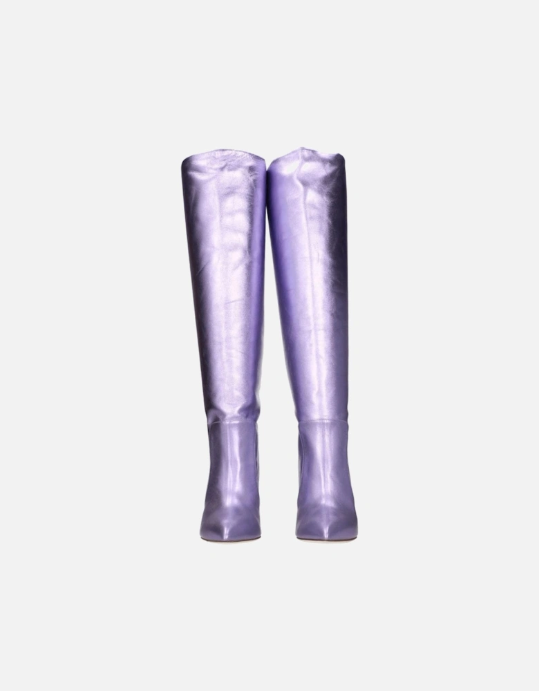 Metallic Effect High Heel Pointed Toe Leather Boots Women - Purple