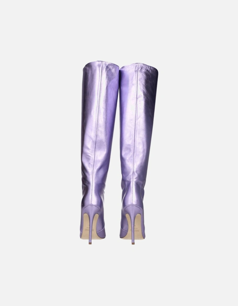 Metallic Effect High Heel Pointed Toe Leather Boots Women - Purple