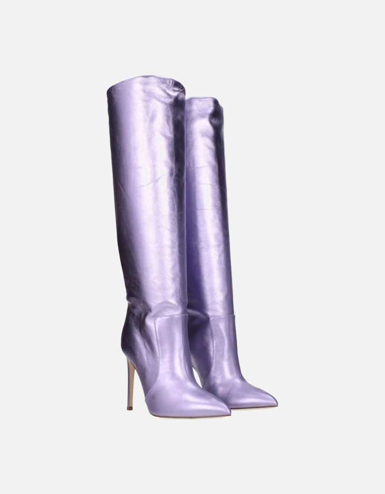 Metallic Effect High Heel Pointed Toe Leather Boots Women - Purple