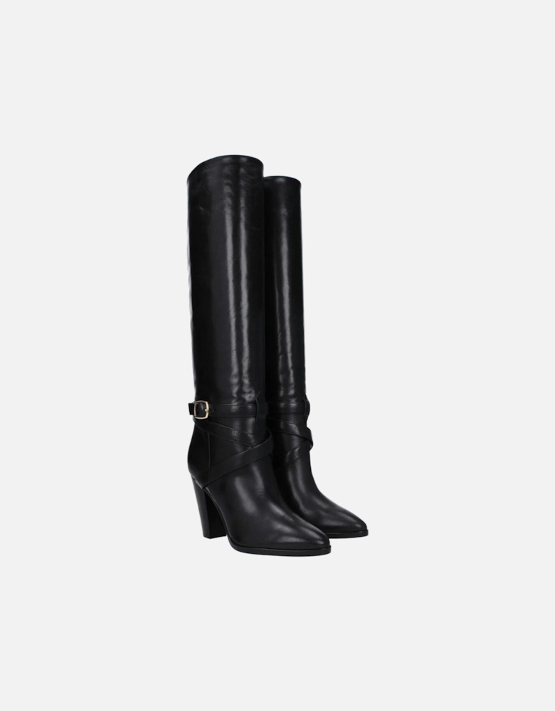 Pointy Toe High Heel Leather Boots Women - Black