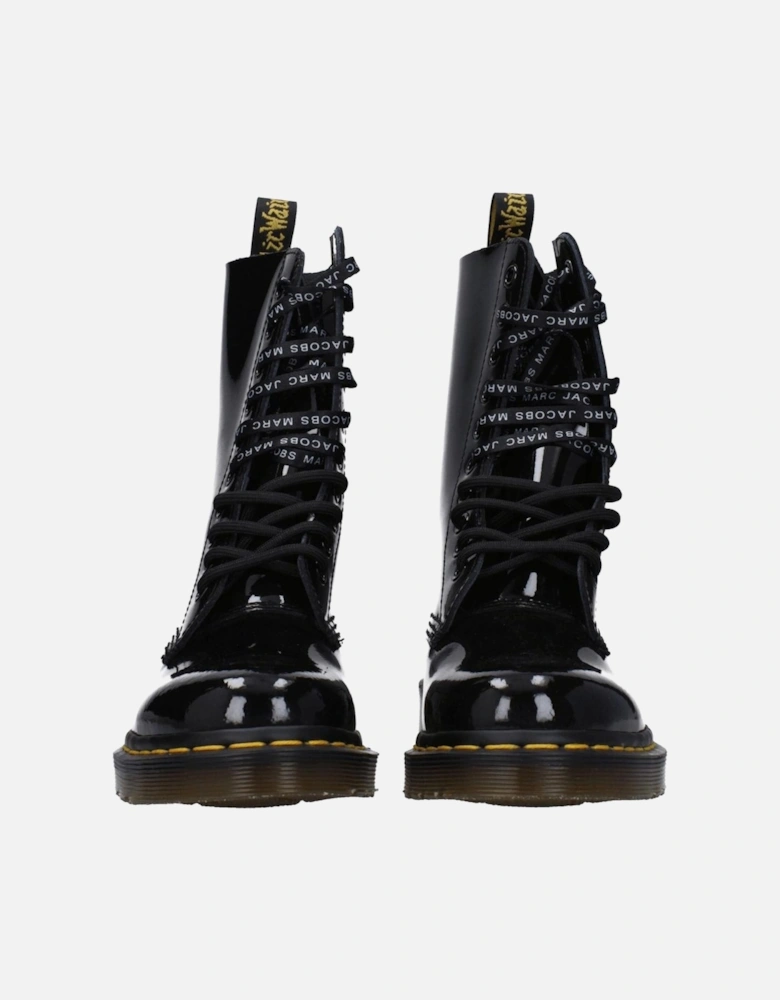 Patent Leather Ankle Boots with Lace-Up Closure Women - Black