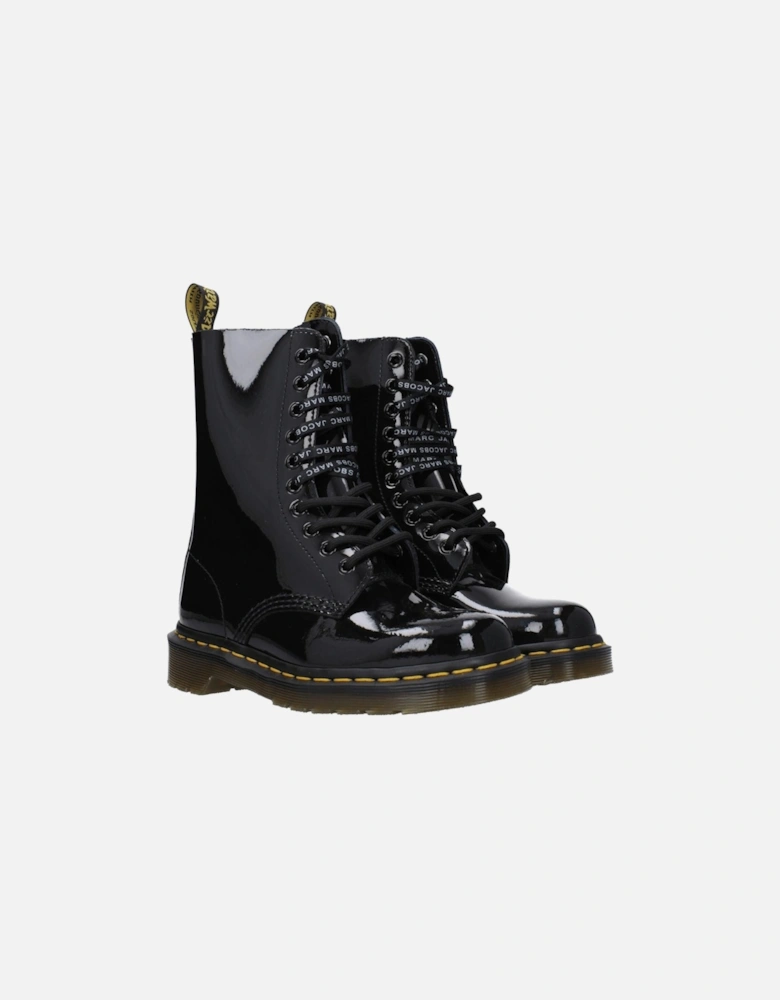 Patent Leather Ankle Boots with Lace-Up Closure Women - Black