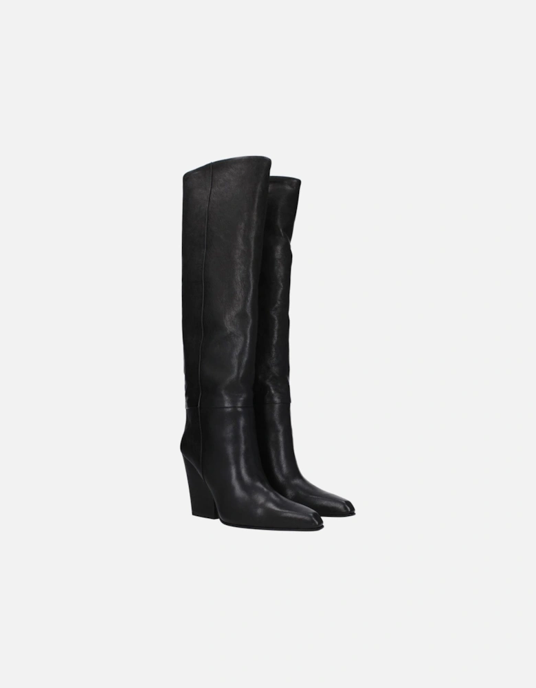 Vintage Leather Pointy Toe High Heel Boots Women - Black