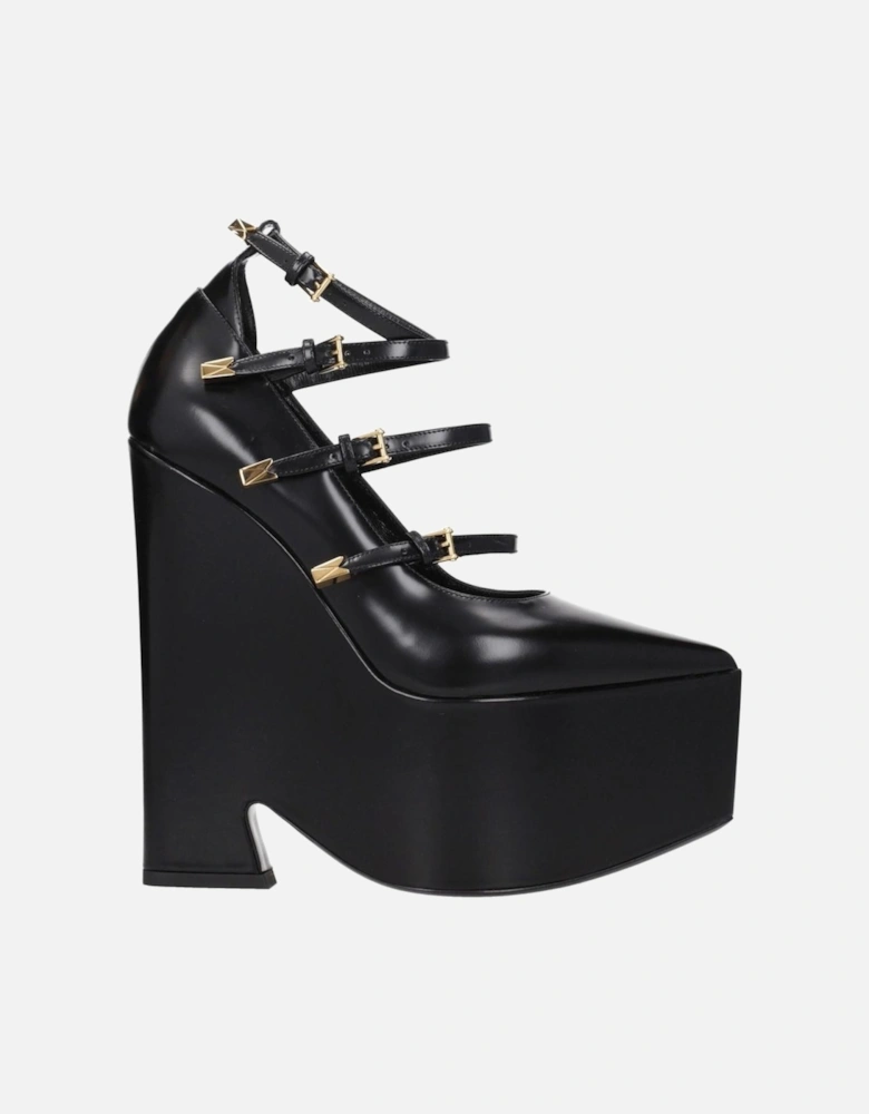 High Heel Pointy Toe Leather Pumps Women - Black Brooches