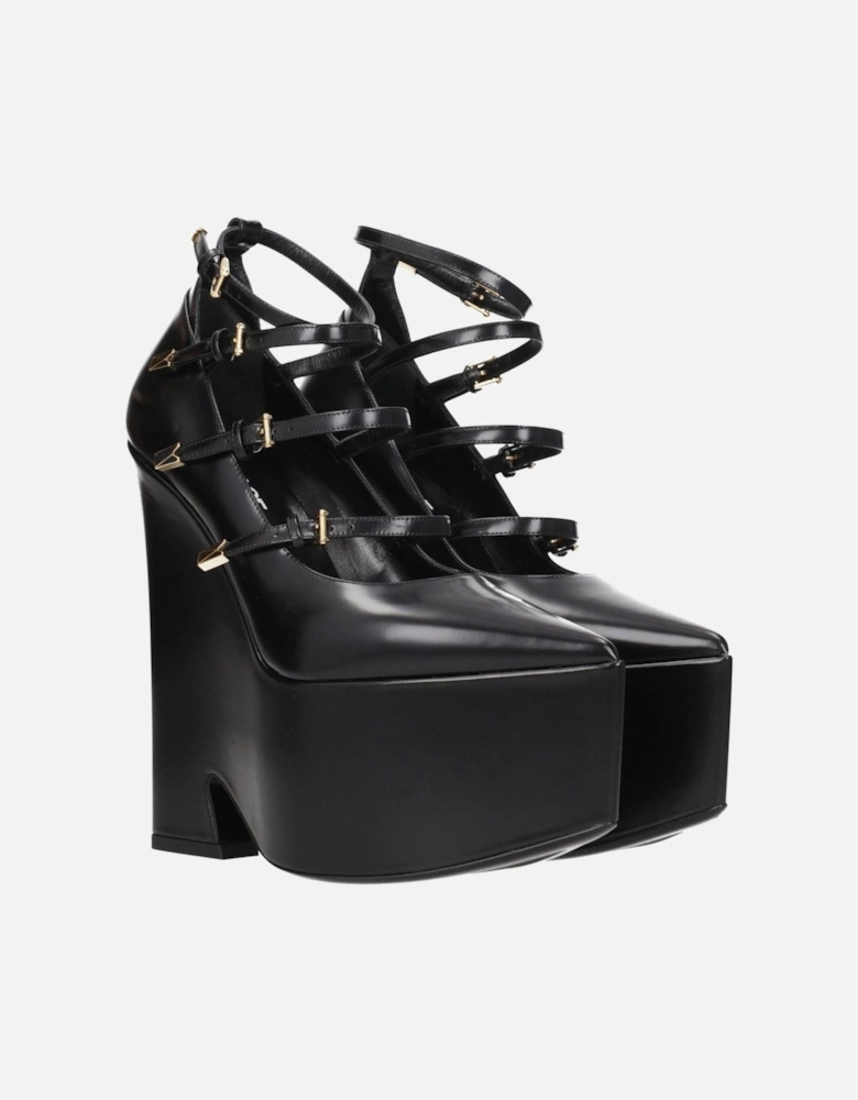 High Heel Pointy Toe Leather Pumps Women - Black Brooches