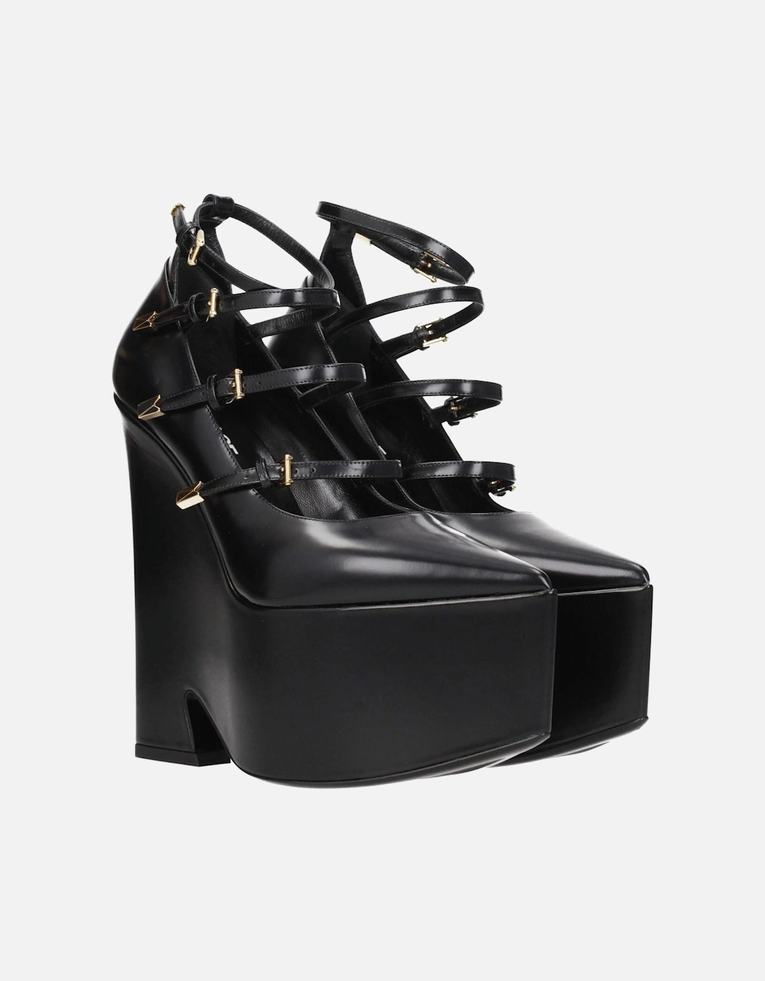 High Heel Pointy Toe Leather Pumps Women - Black Brooches