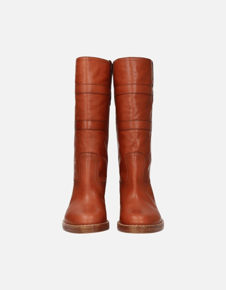 Vintage Effect Leather Mid Heel Boots Women - Brown