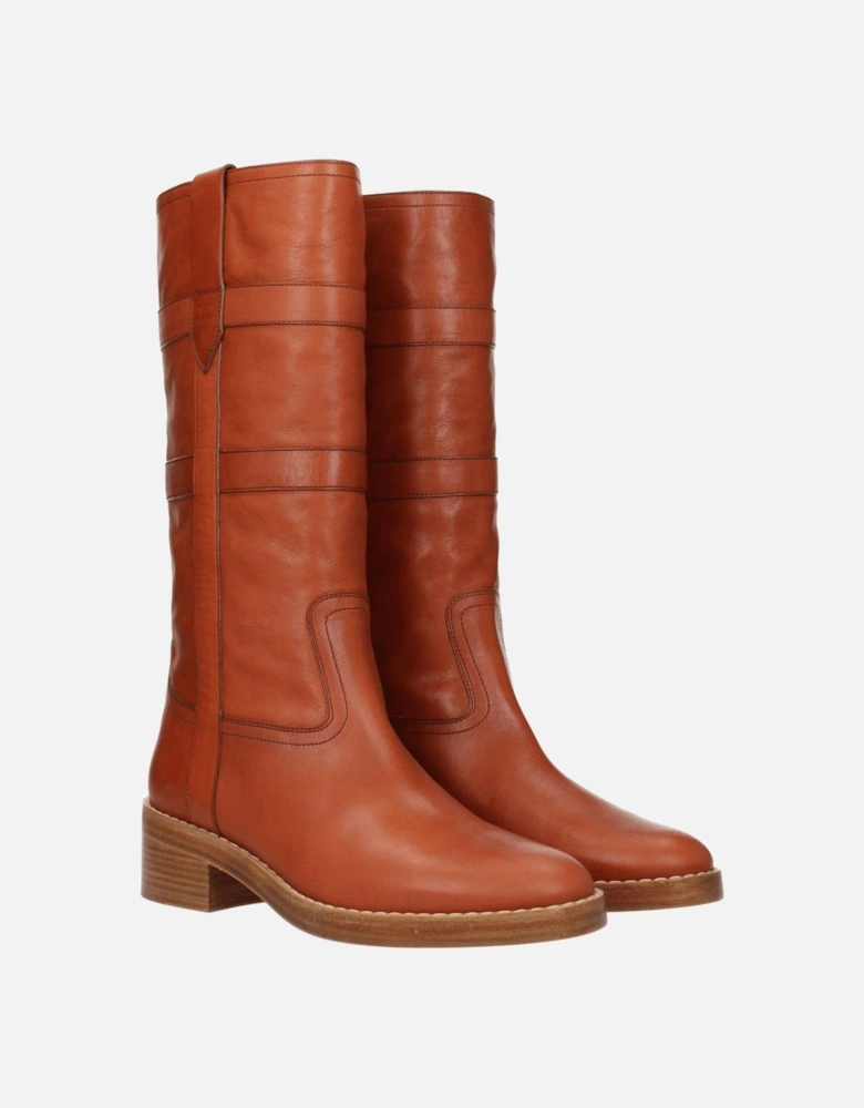 Vintage Effect Leather Mid Heel Boots Women - Brown