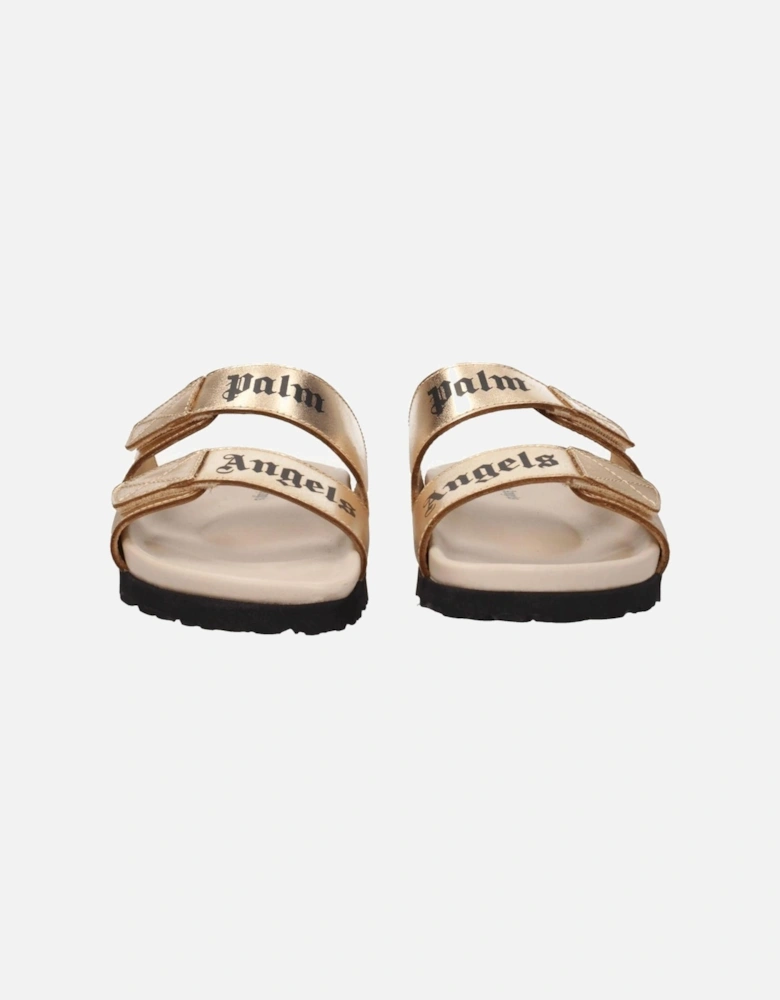 Metallic Effect Leather Slippers with Front Logo Women - Gold Sandals