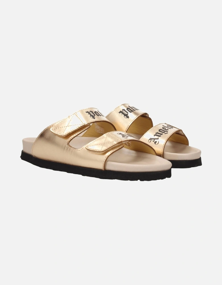 Metallic Effect Leather Slippers with Front Logo Women - Gold Sandals