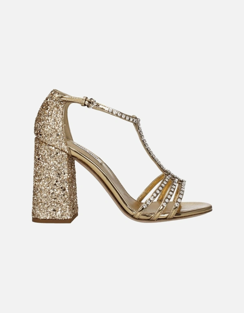 High Heel Rhinestone Leather Sandals Women - Gold