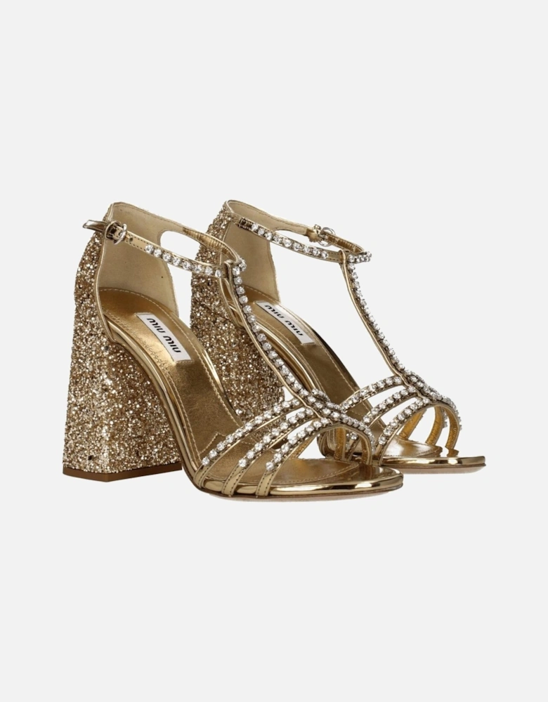 High Heel Rhinestone Leather Sandals Women - Gold