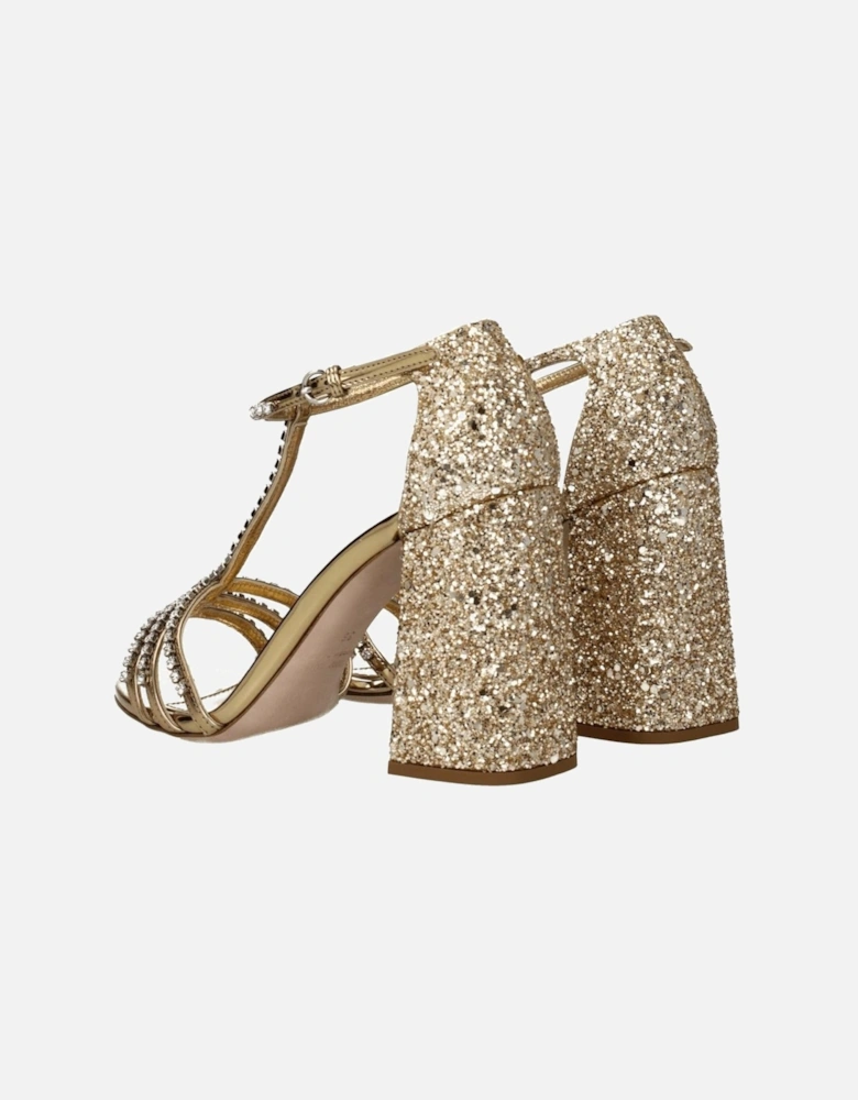 High Heel Rhinestone Leather Sandals Women - Gold