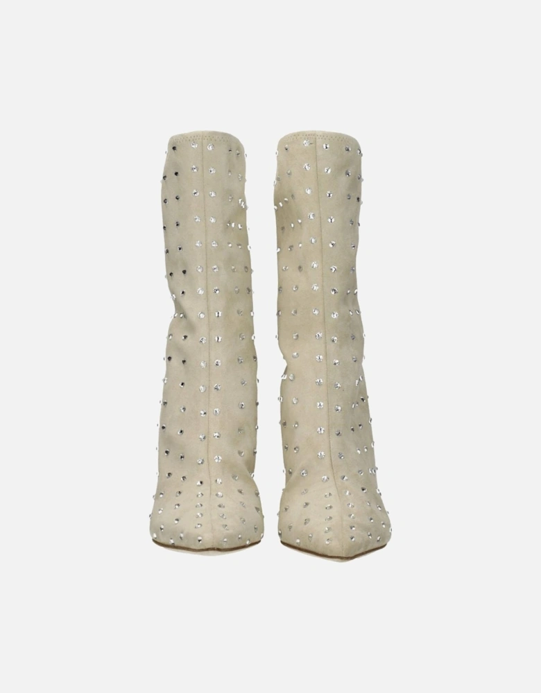 Rhinestone Suede Pointy Toe Ankle Boots Women - Beige