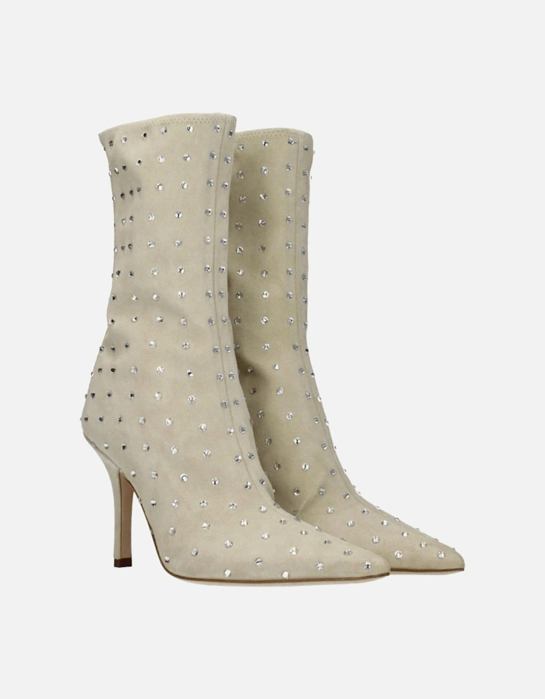 Rhinestone Suede Pointy Toe Ankle Boots Women - Beige