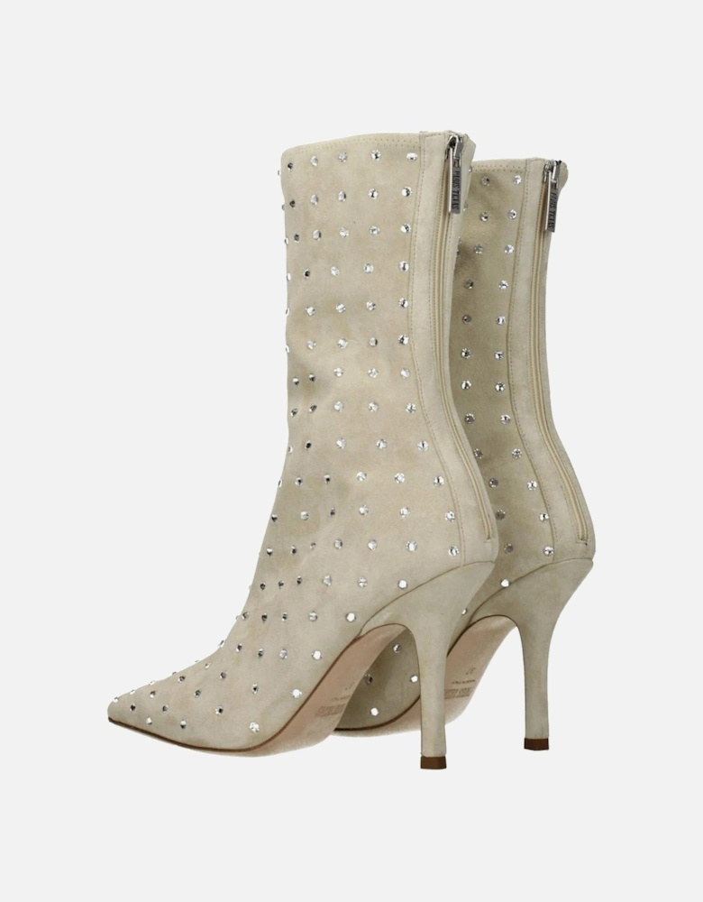 Rhinestone Suede Pointy Toe Ankle Boots Women - Beige