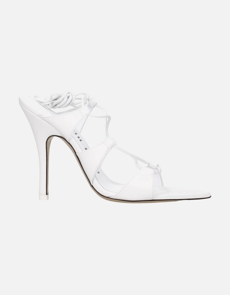High Heel Leather Sandals with Self Tie Closures Women - White