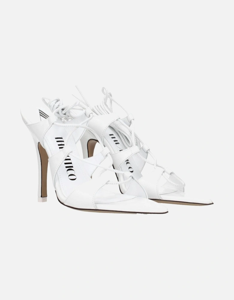 High Heel Leather Sandals with Self Tie Closures Women - White