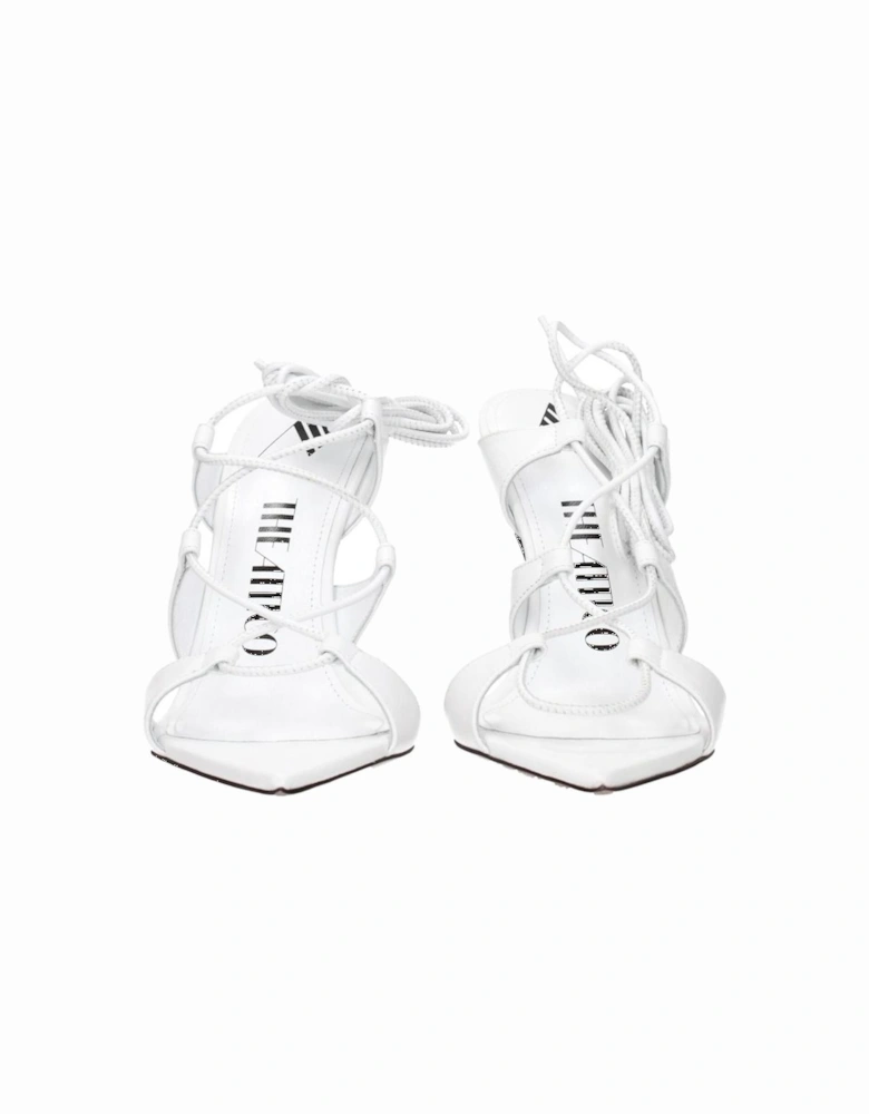 High Heel Leather Sandals with Self Tie Closures Women - White