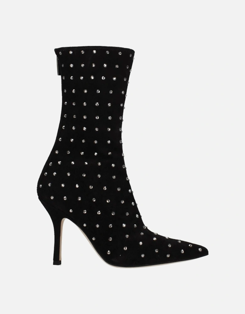 High Heel Rhinestone Suede Ankle Boots Women - Black
