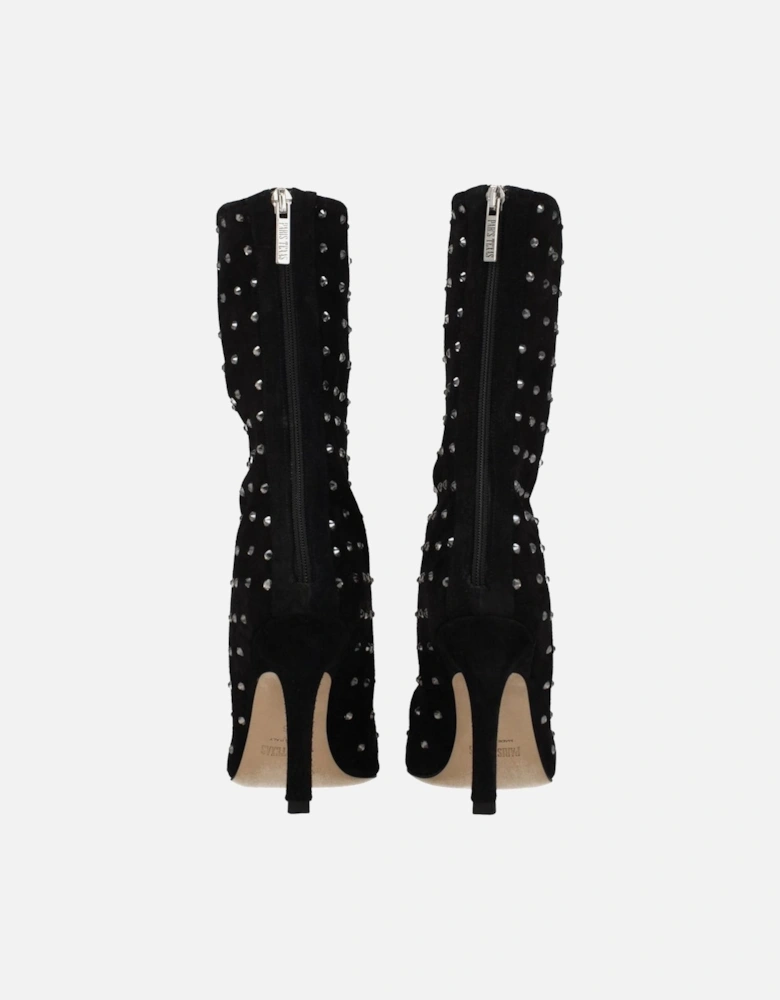 High Heel Rhinestone Suede Ankle Boots Women - Black