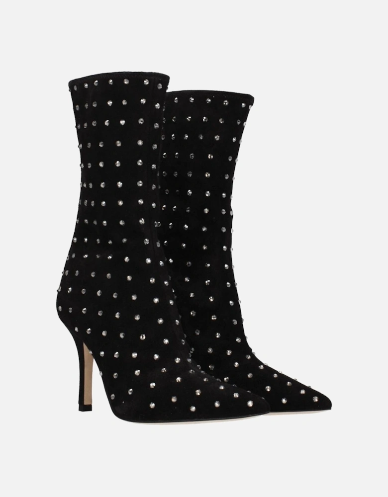 High Heel Rhinestone Suede Ankle Boots Women - Black