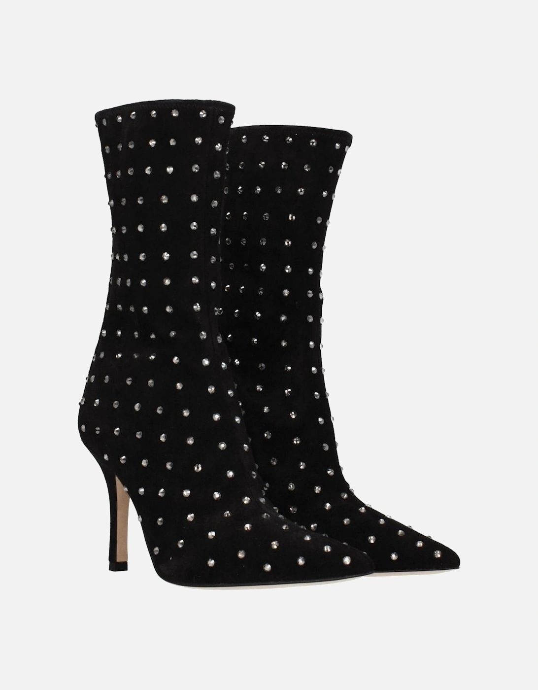 High Heel Rhinestone Suede Ankle Boots Women - Black