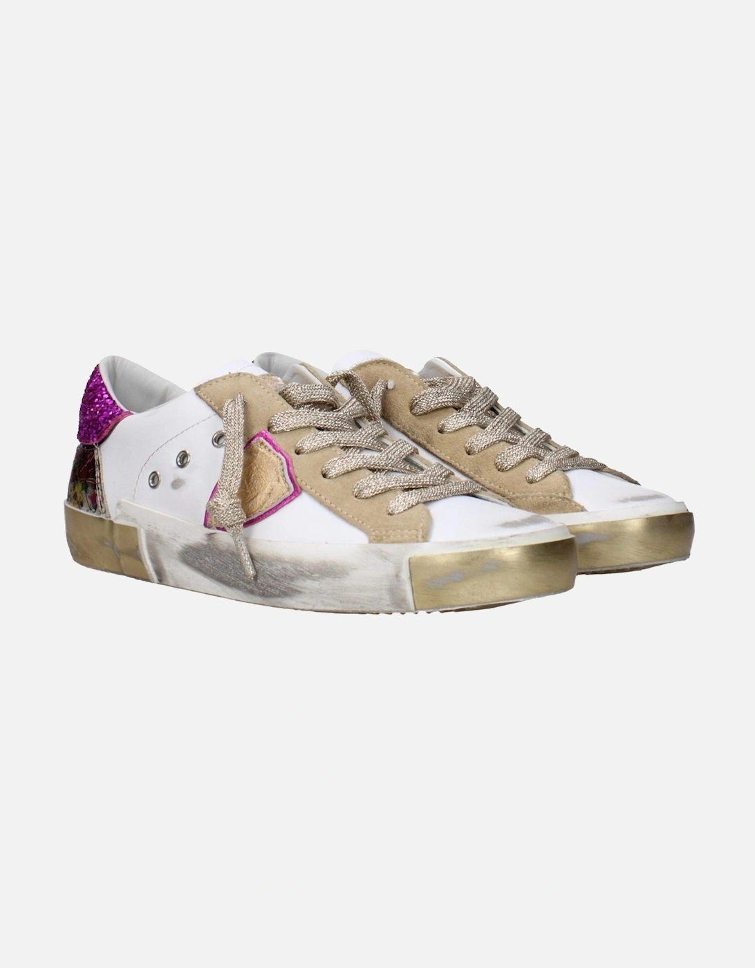 Vintage Effect Leather Sneakers with Logo Details Women - White