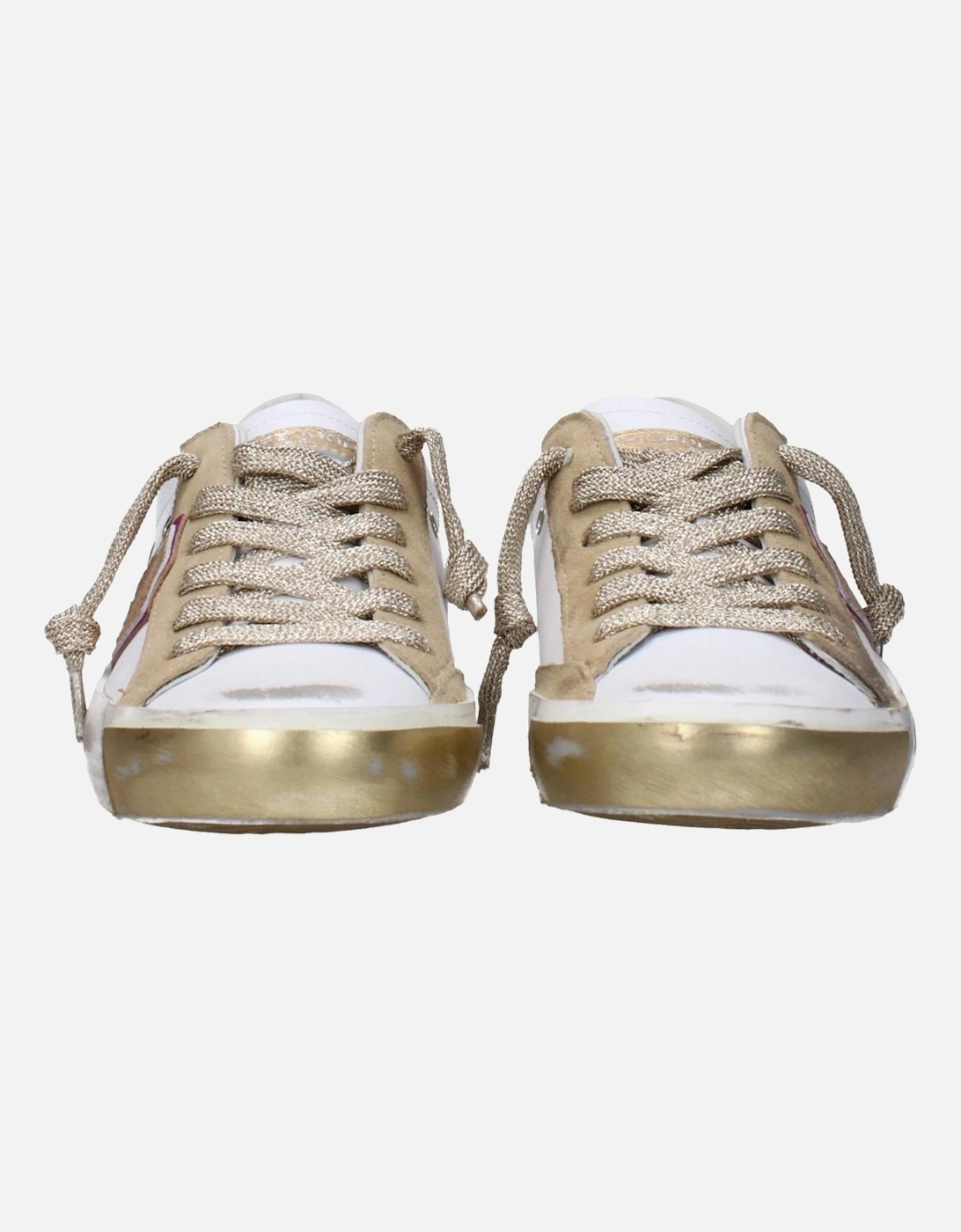 Vintage Effect Leather Sneakers with Logo Details Women - White
