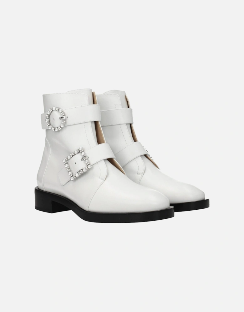 Leather Ankle Boots with Rhinestone Side Detail Women - White