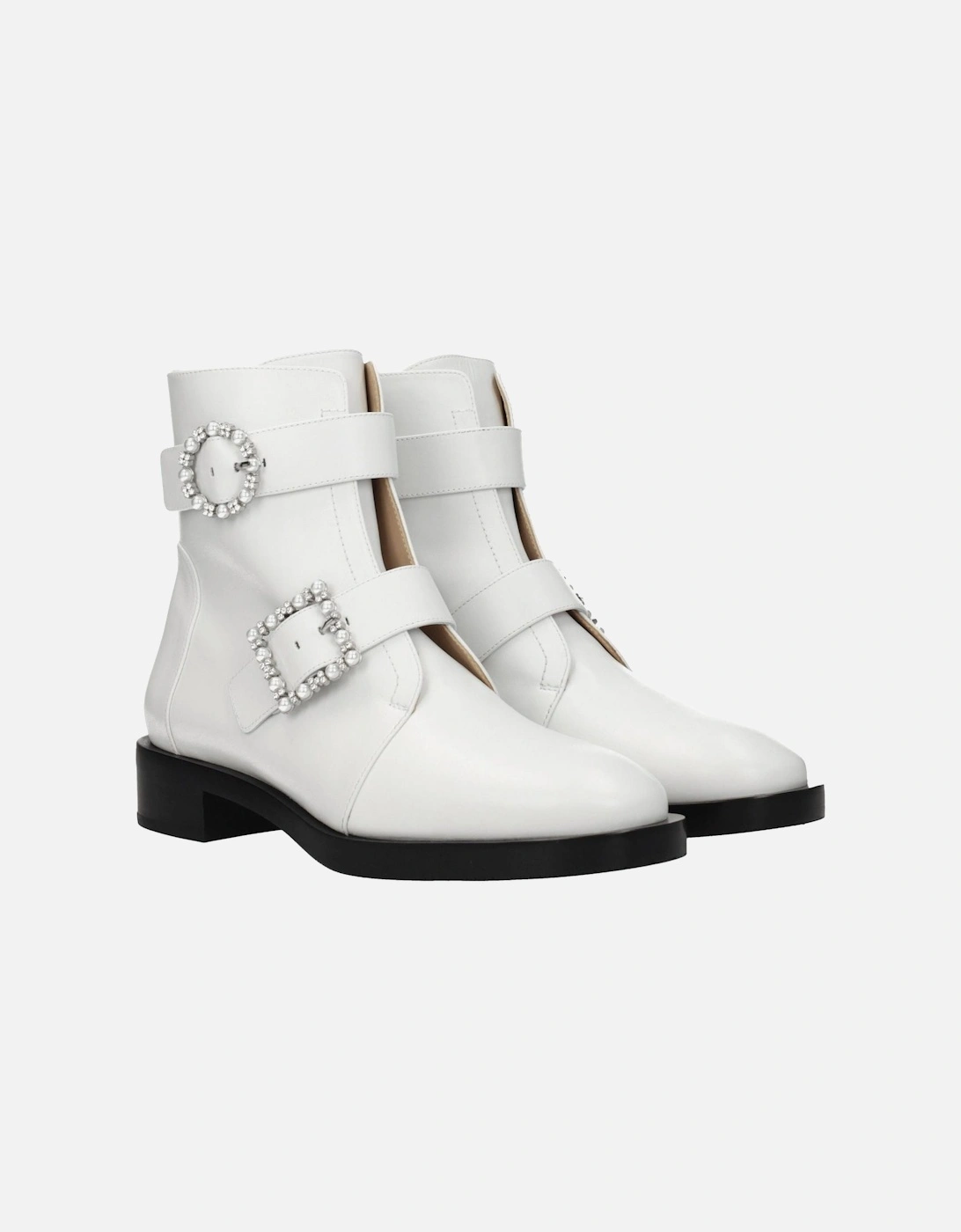 Leather Ankle Boots with Rhinestone Side Detail Women - White
