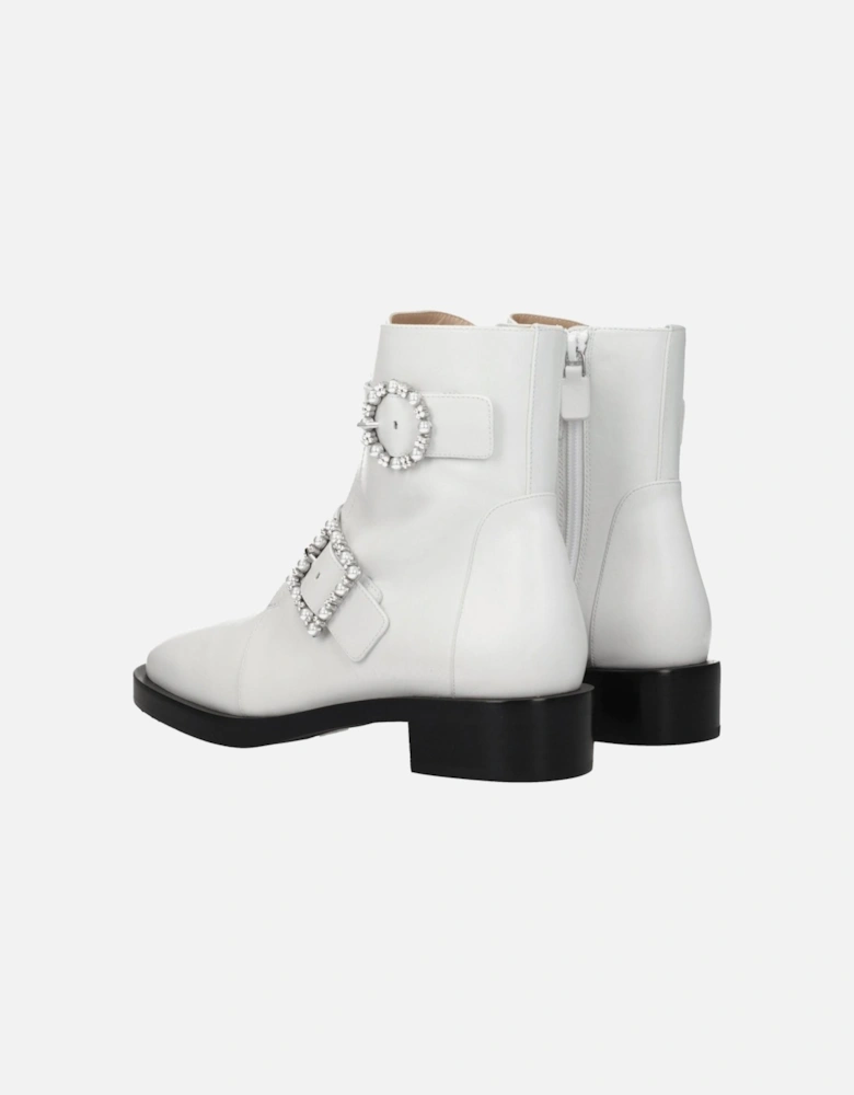 Leather Ankle Boots with Rhinestone Side Detail Women - White