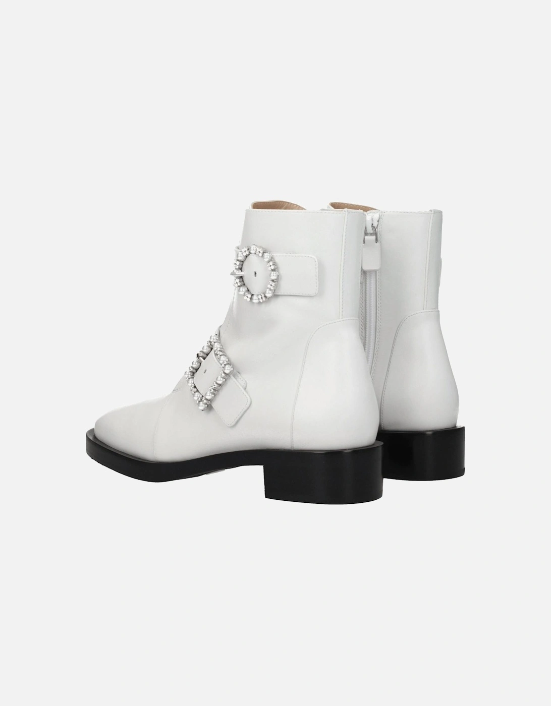 Leather Ankle Boots with Rhinestone Side Detail Women - White