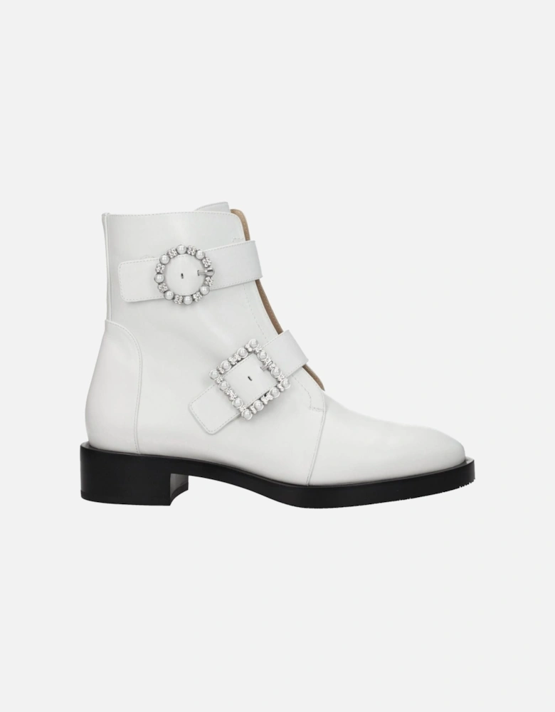 Leather Ankle Boots with Rhinestone Side Detail Women - White