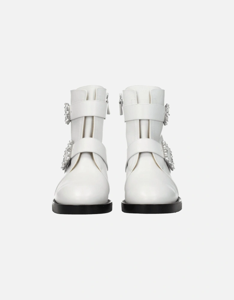 Leather Ankle Boots with Rhinestone Side Detail Women - White