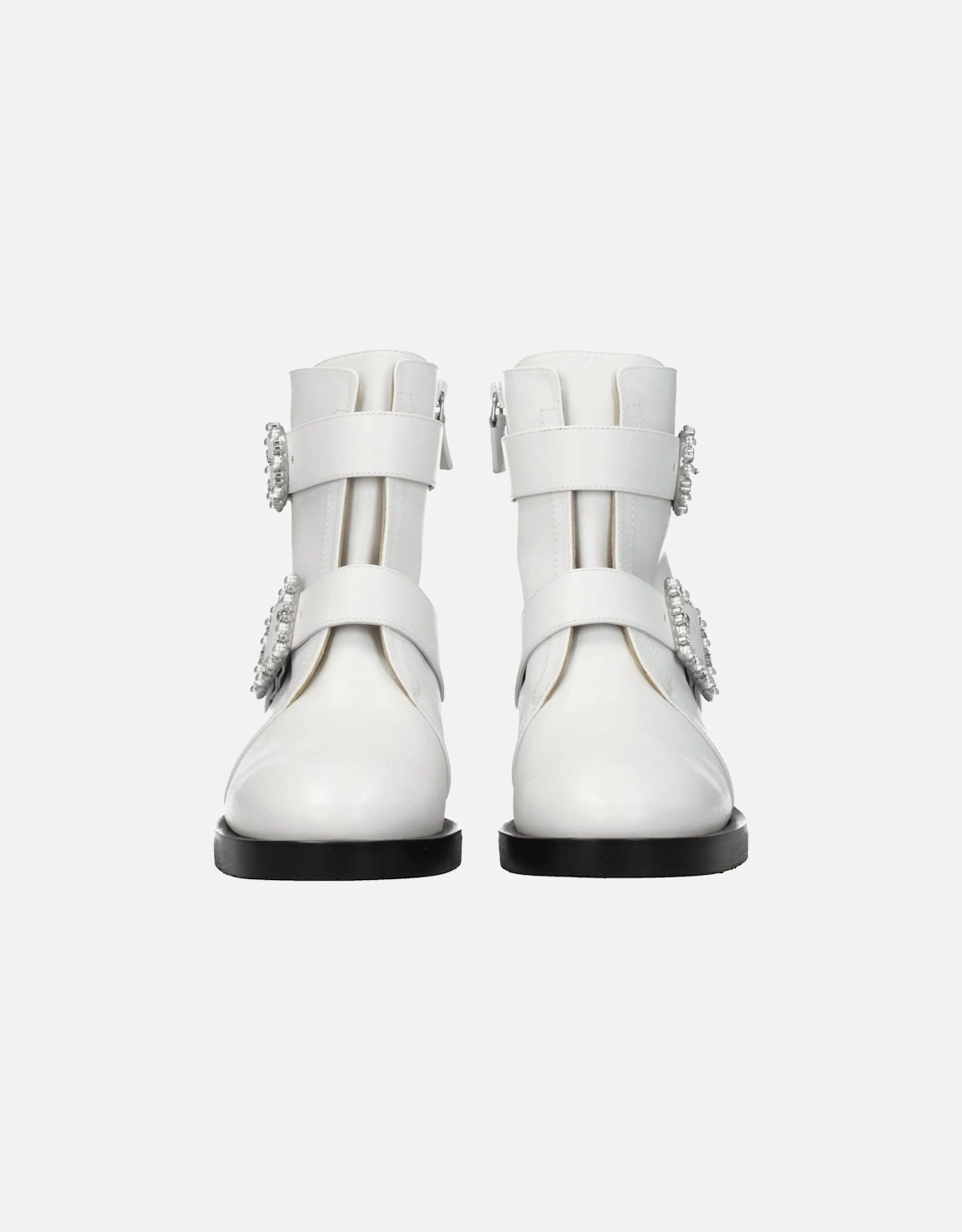 Leather Ankle Boots with Rhinestone Side Detail Women - White