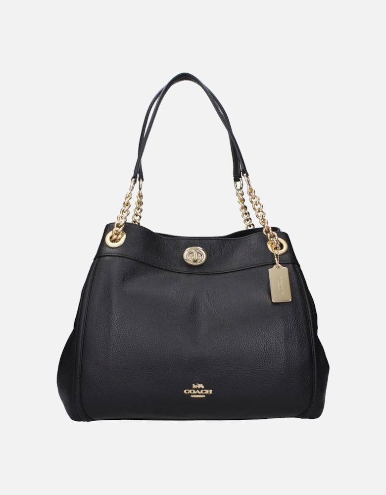 Leather Shoulder Bag with Zip and Turn Lock Closure Women - Black