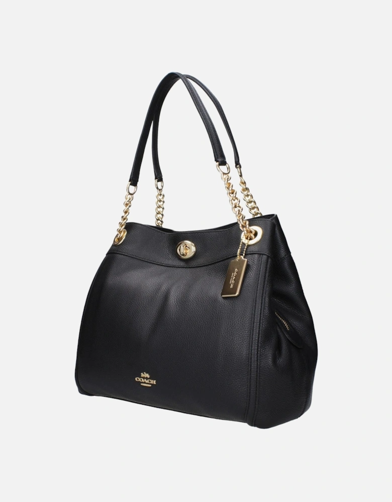 Leather Shoulder Bag with Zip and Turn Lock Closure Women - Black