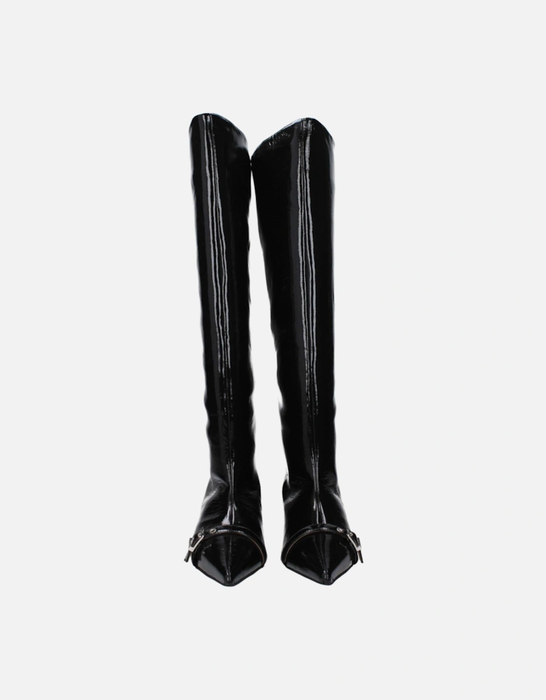 Patent Leather Mid Heel Boots with Pointy Toe Women - Black