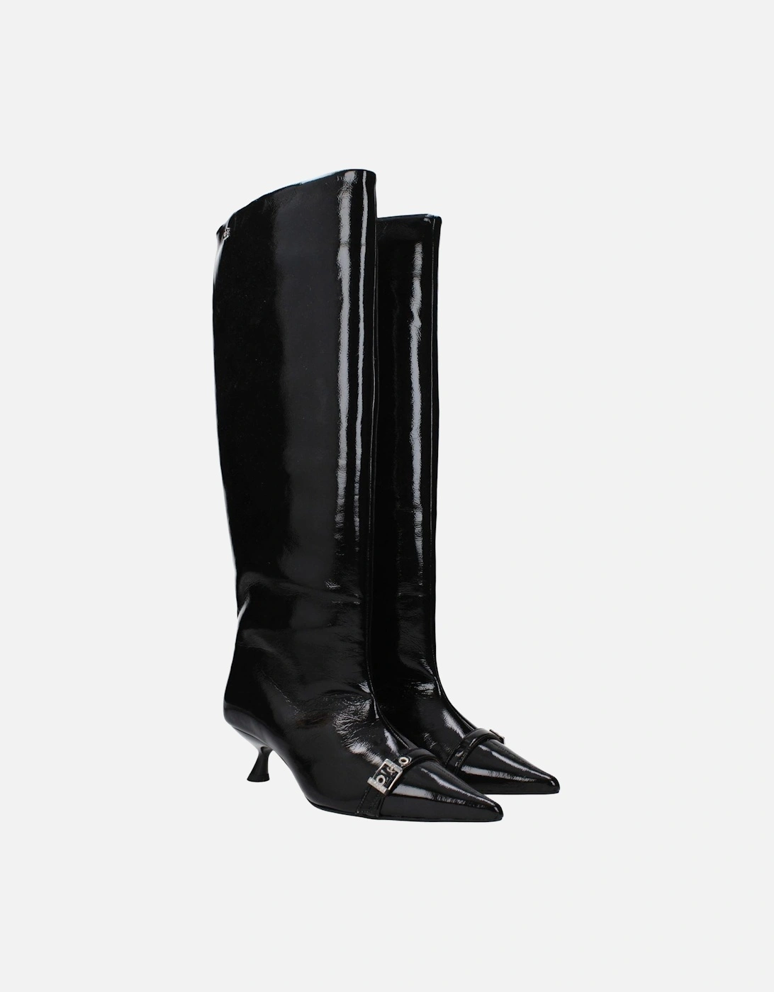 Patent Leather Mid Heel Boots with Pointy Toe Women - Black