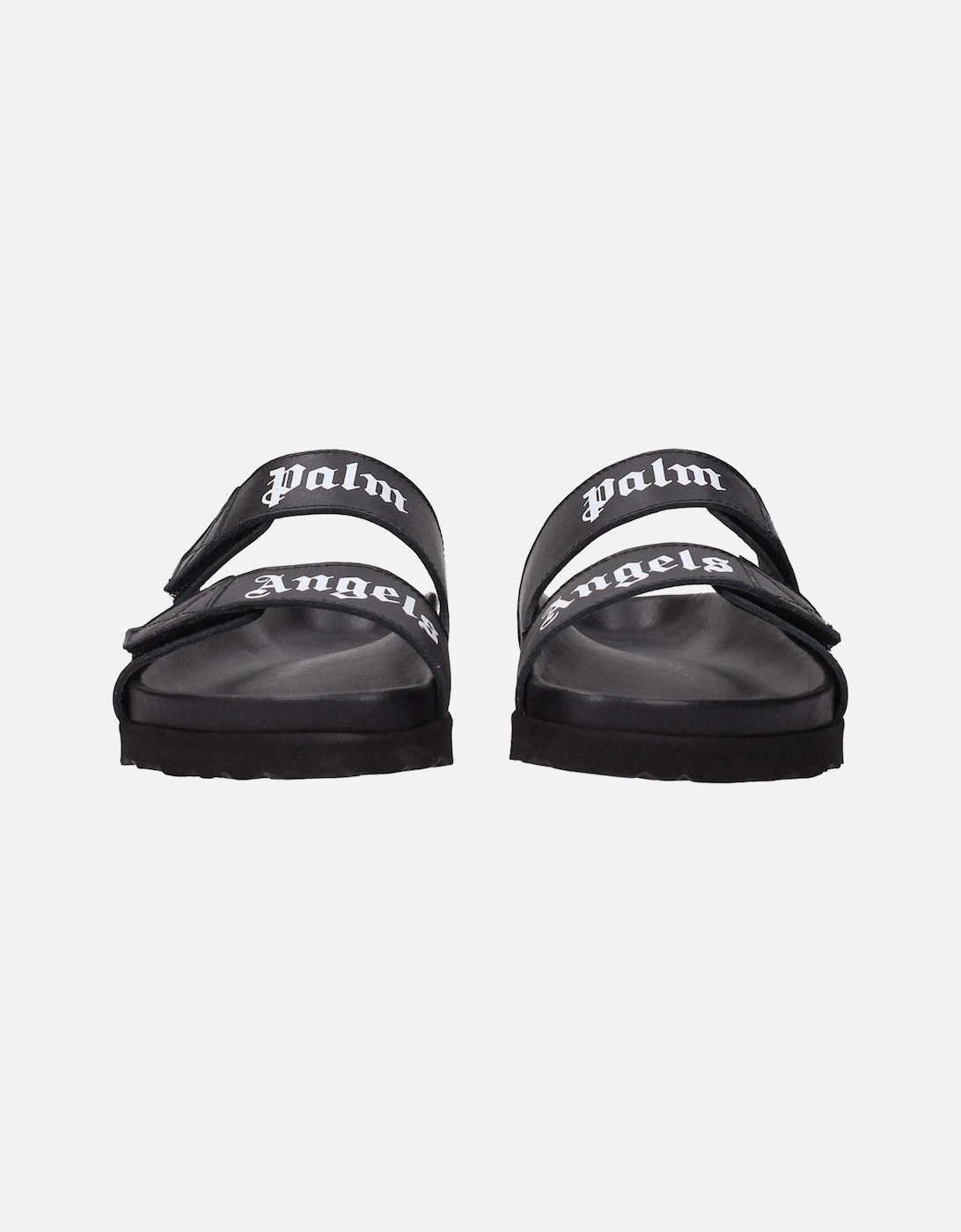 Leather Slippers with Front Logo and Strap Closure Women - Black
