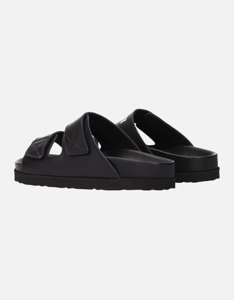 Leather Slippers with Front Logo and Strap Closure Women - Black