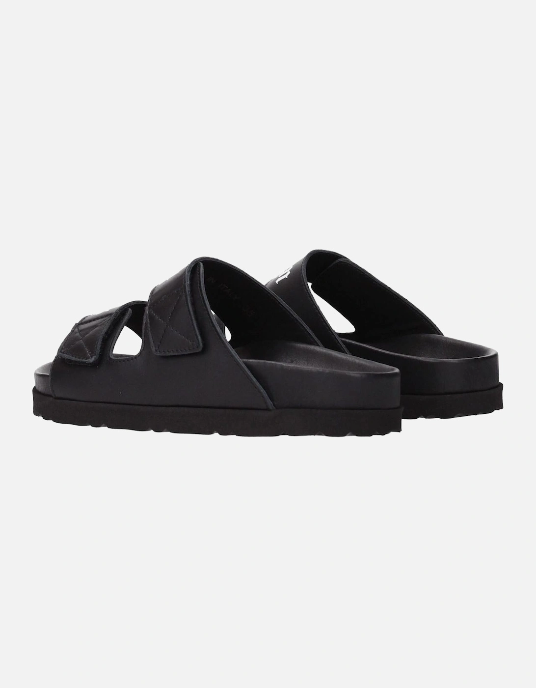 Leather Slippers with Front Logo and Strap Closure Women - Black