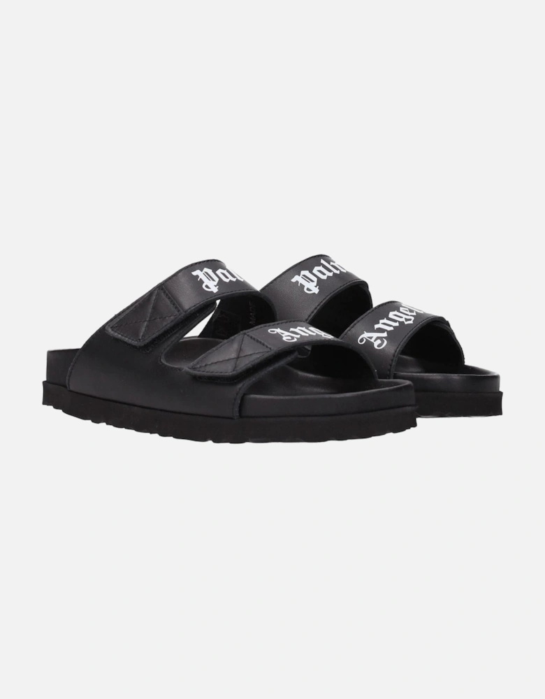 Leather Slippers with Front Logo and Strap Closure Women - Black