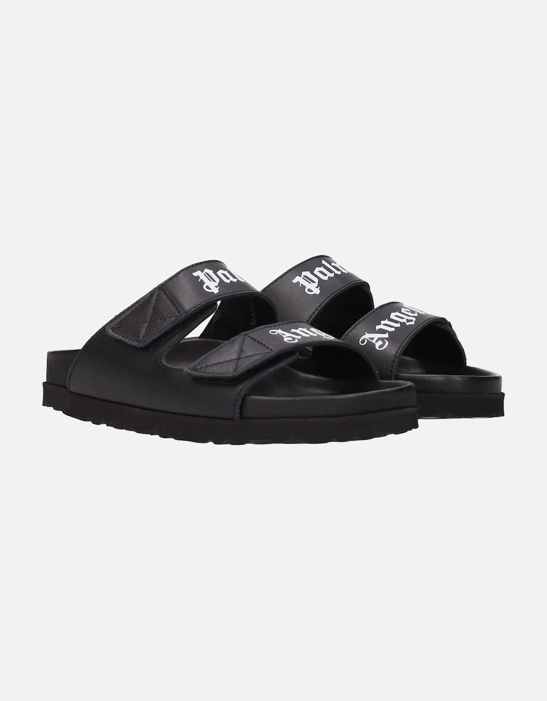 Leather Slippers with Front Logo and Strap Closure Women - Black