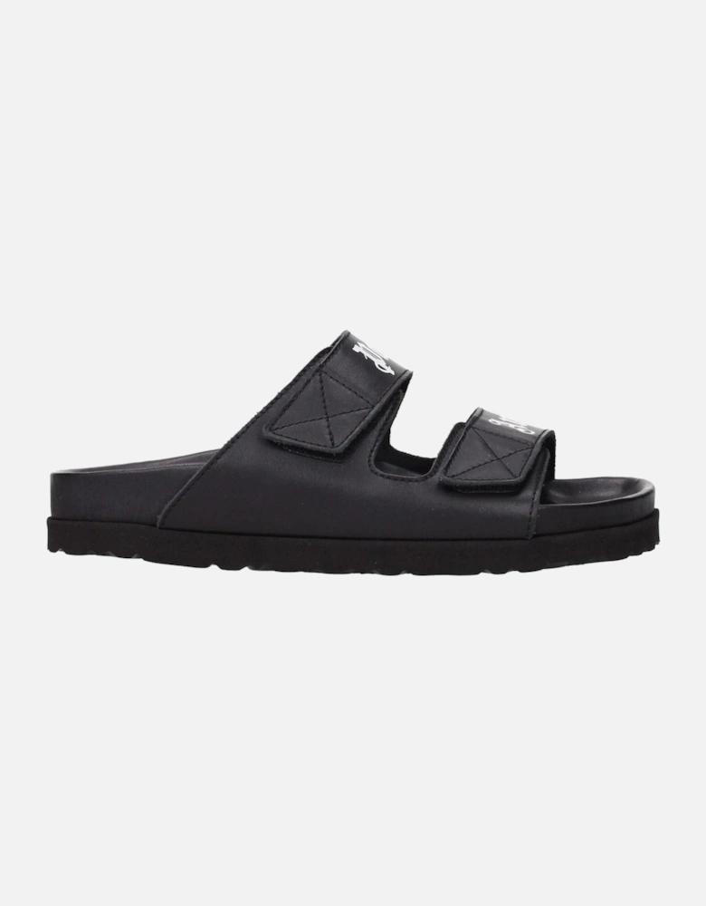 Leather Slippers with Front Logo and Strap Closure Women - Black