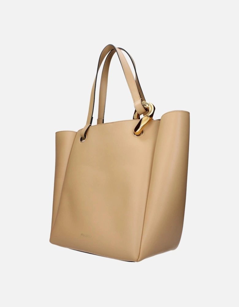 Leather Shoulder Bag with Front Logo Women - Beige
