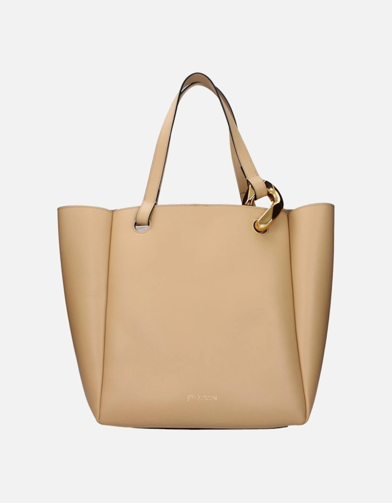 Leather Shoulder Bag with Front Logo Women - Beige